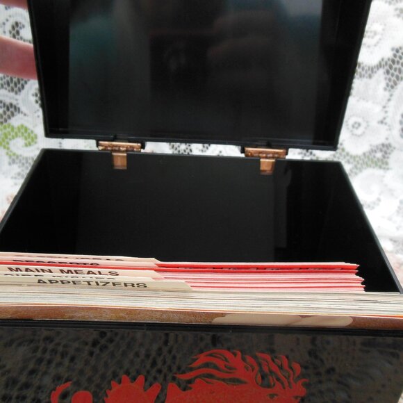 recipe box La Choy brand plastic black w red dragon many recipe cards inside 80s - Picture 2 of 15